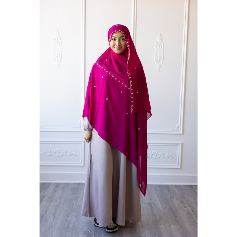 Floral Embroidered Chiffon Hijab Hand Work - Fuchsia