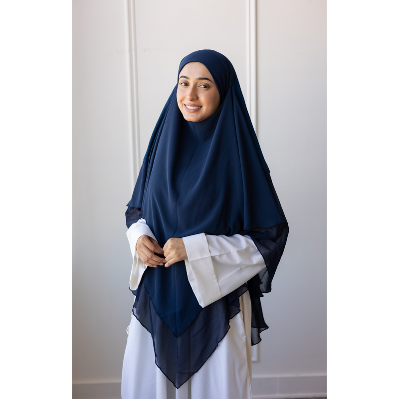 Chiffon Three Layered Princess Khimar - Ombré Midnight Blue