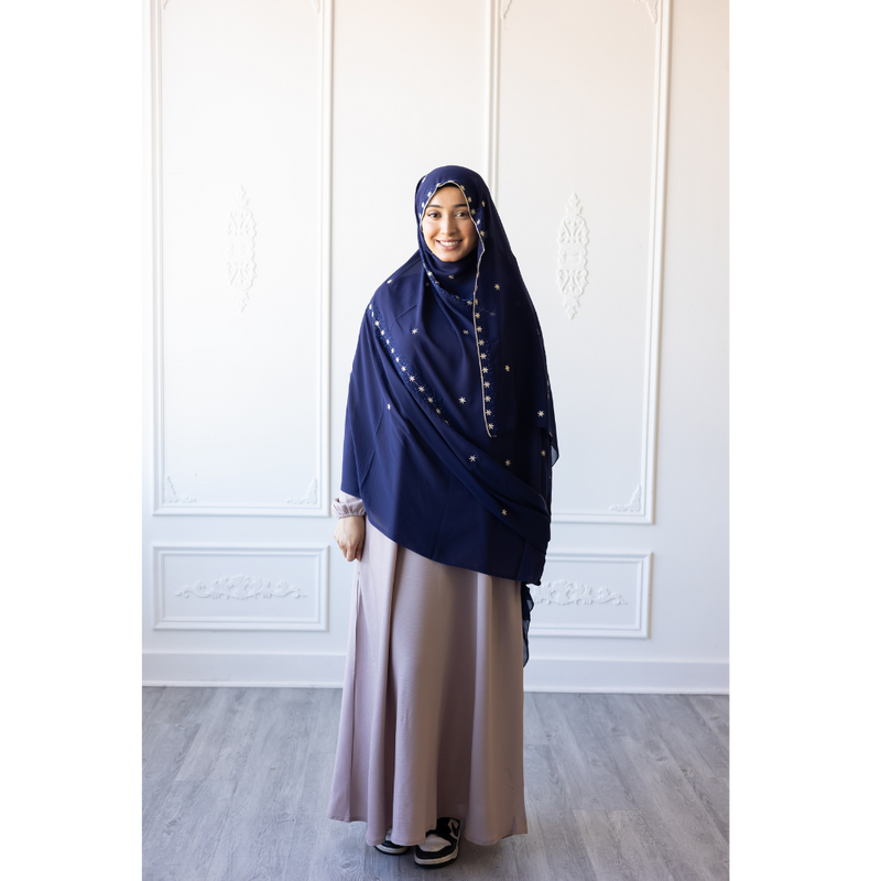 Floral Embroidered Chiffon Hijab Hand Work - Midnight Blue