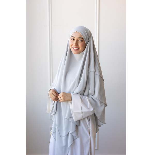 Chiffon Three Layered Princess Khimar - Pastel Grey