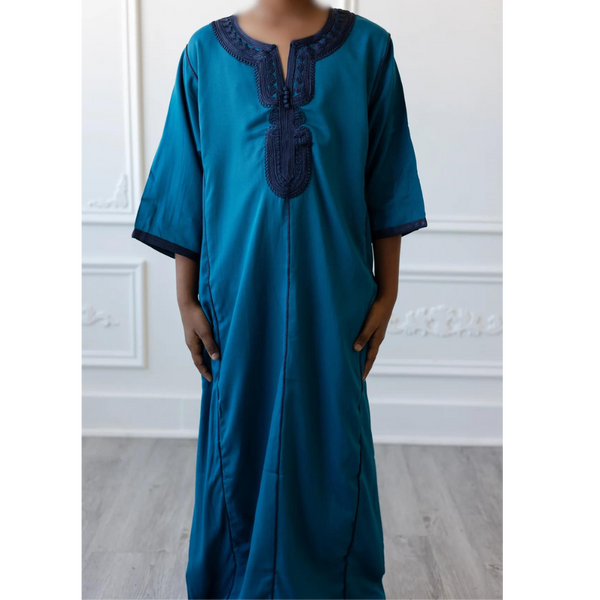 Kids Moroccan Short Sleeve Thobe (Turquoise with Top Down Embroidery)