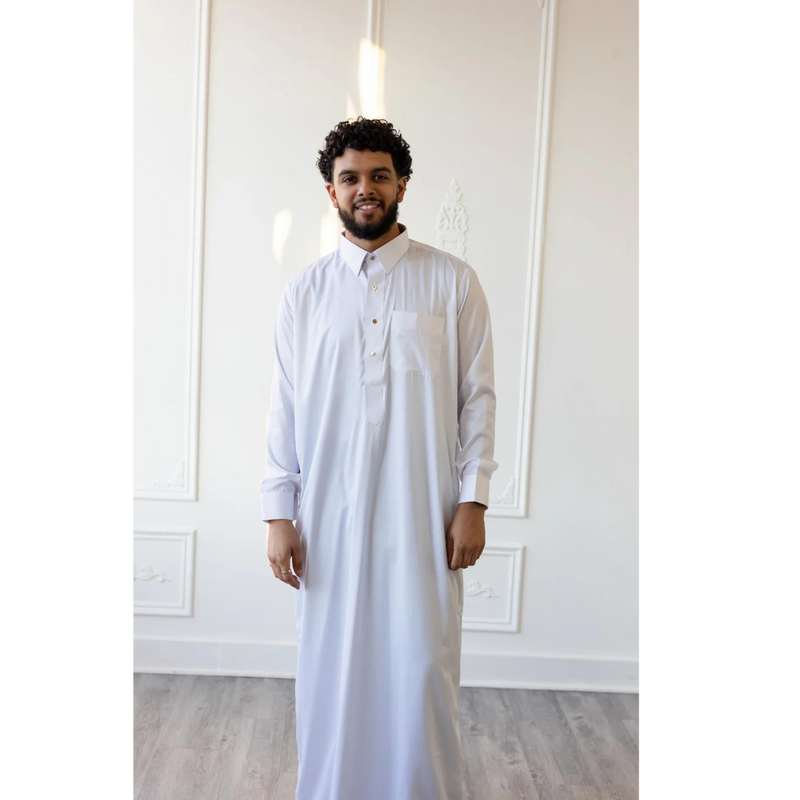 MC Collection - Saudi Collared Thobe with Round Buttons - White