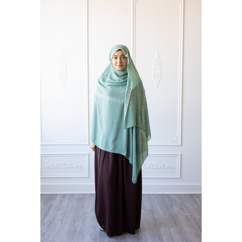 Floral Embroidered Chiffon Hijab Hand Work - Aqua