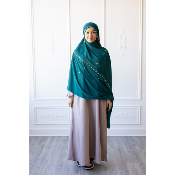 Floral Embroidered Chiffon Hijab Hand Work - Arabian Green