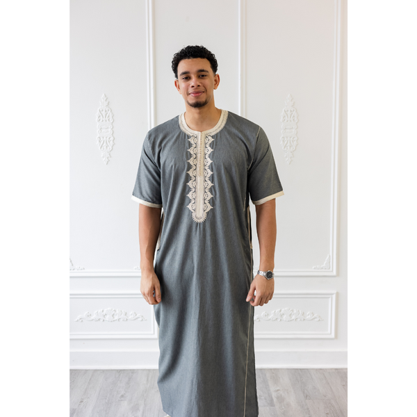 Moroccan Short Sleeve Thobe (Slate Grey With Cream Embroidery)