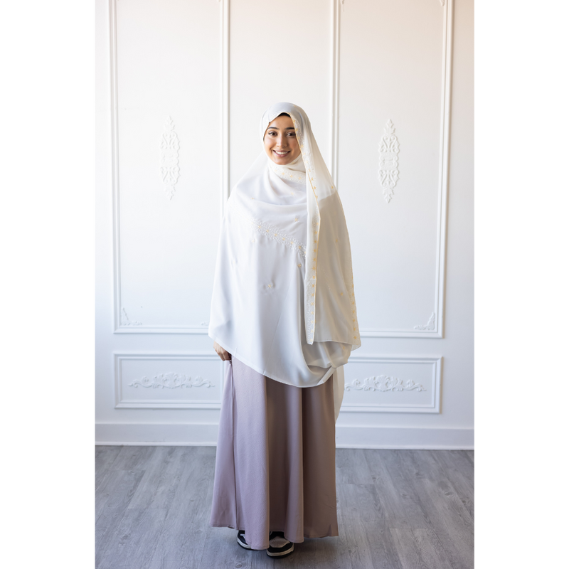 Floral Embroidered Chiffon Hijab Hand Work - Daisy White