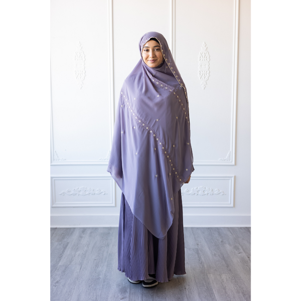 Floral Embroidered Chiffon Hijab Hand Work - Lavender