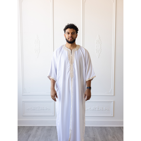 Moroccan 3/4 Sleeve Thobe (White & Beige)