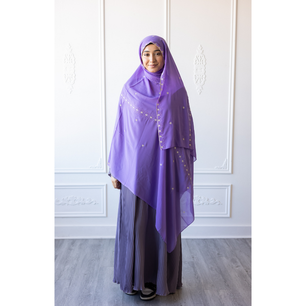 Floral Embroidered Chiffon Hijab Hand Work - Orchid purple