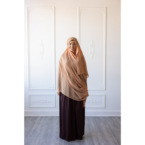 Floral Embroidered Chiffon Hijab Hand Work - Apricot