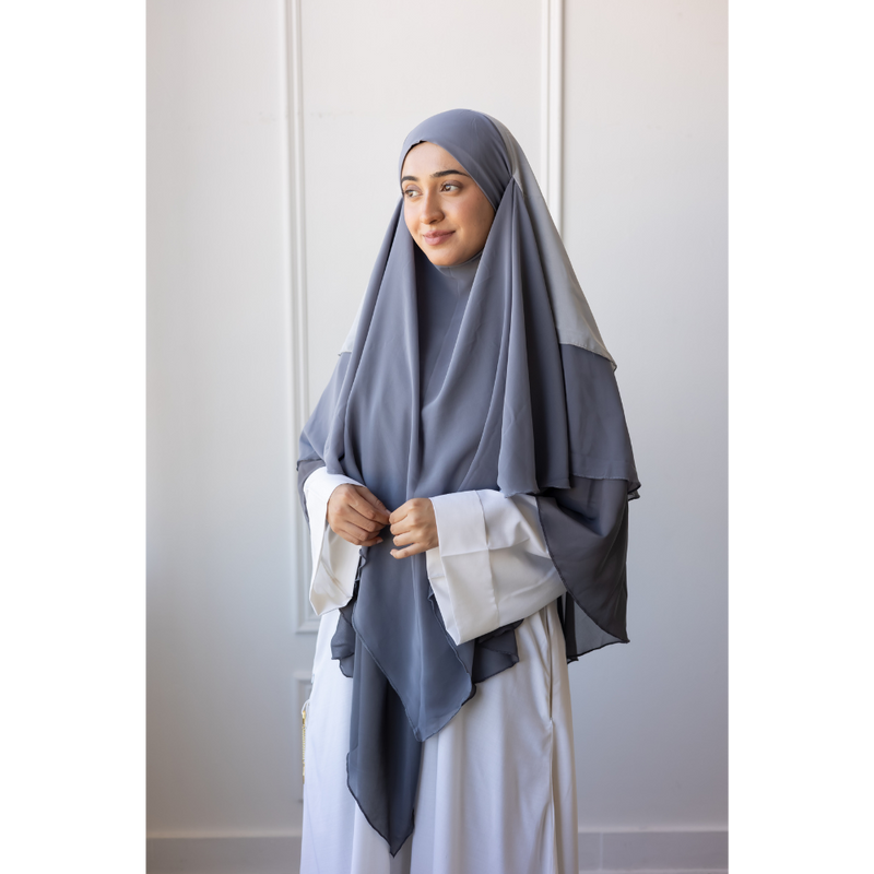 Chiffon Three Layered Princess Khimar - Ombré Grey