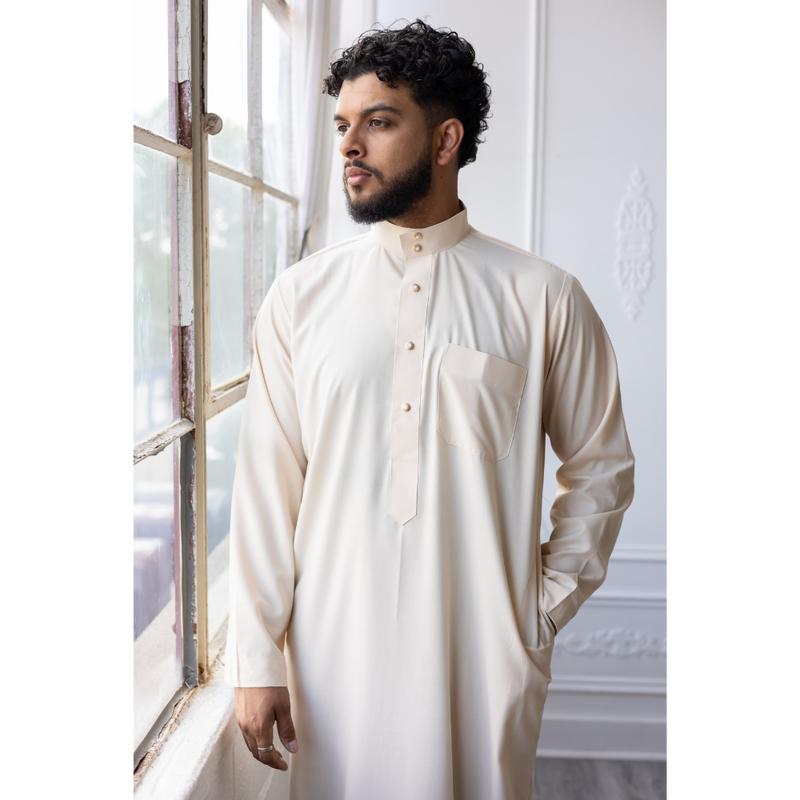 Saudi Collared Thobe Jubbah MC Cotton Blend - Vanilla