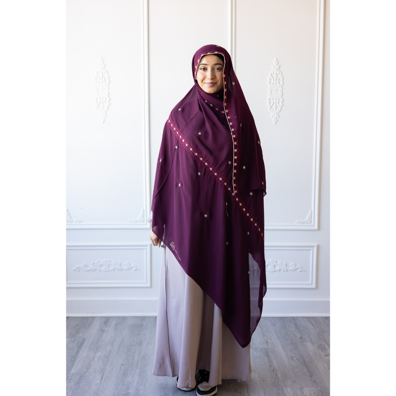 Floral Embroidered Chiffon Hijab Hand Work - Tyrian Purple