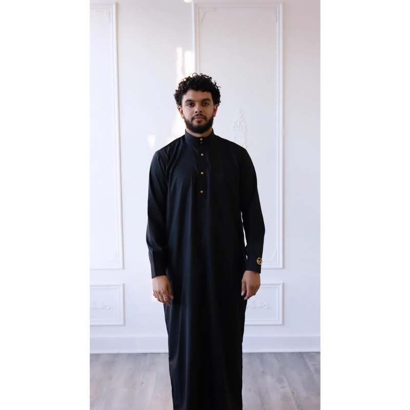 MC Collection - Saudi Collared Thobe with Round Buttons - Black