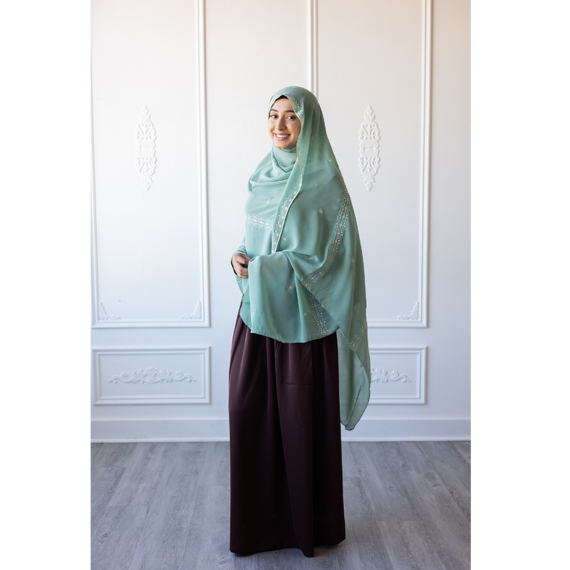 Floral Embroidered Chiffon Hijab Hand Work - Aqua