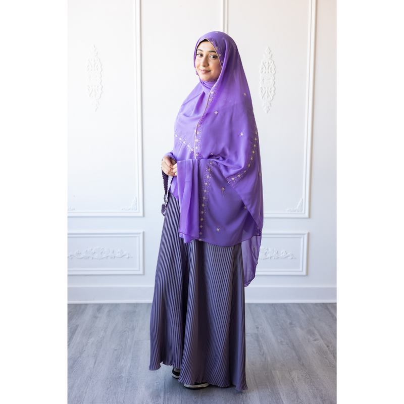 Floral Embroidered Chiffon Hijab Hand Work - Orchid purple