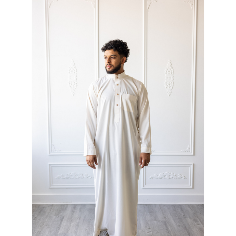 Saudi Collared Thobe Jubbah MC Cotton Blend  - Cotton White