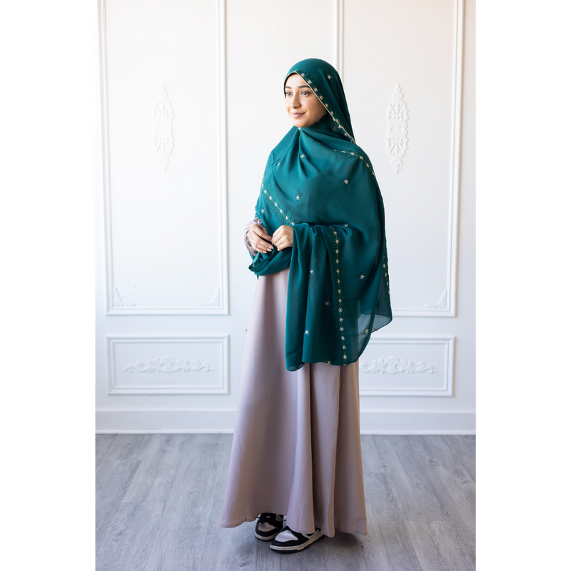 Floral Embroidered Chiffon Hijab Hand Work - Arabian Green