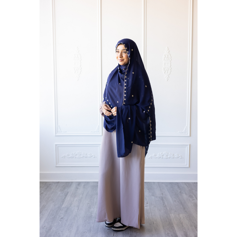 Floral Embroidered Chiffon Hijab Hand Work - Midnight Blue