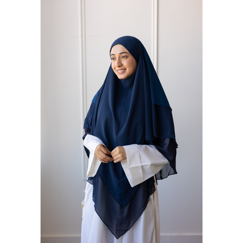 Chiffon Three Layered Princess Khimar - Ombré Midnight Blue