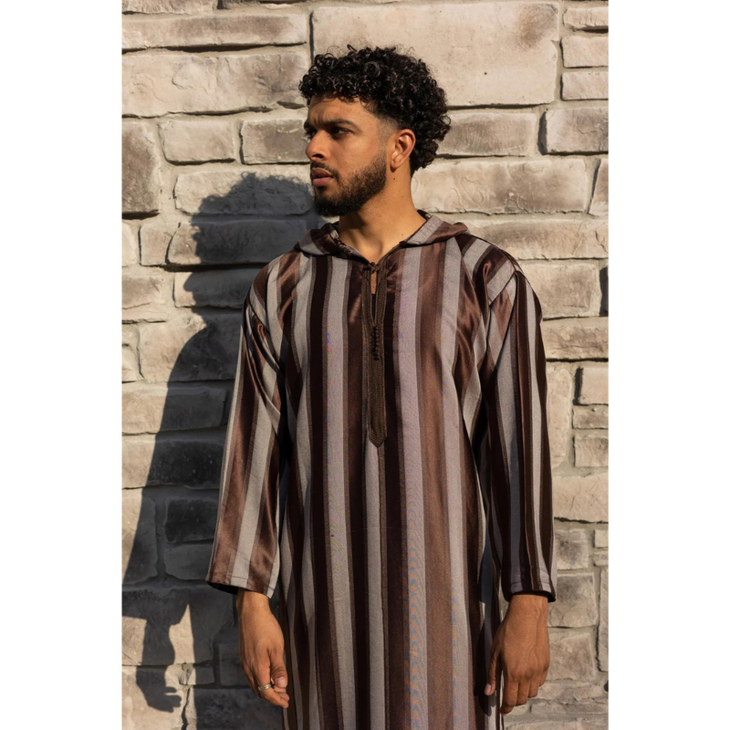 Moroccan Striped Hoodie Thobe (Brown and Grey)