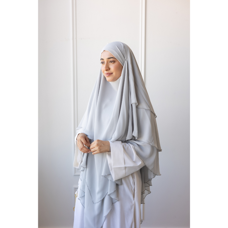 Chiffon Three Layered Princess Khimar - Pastel Grey