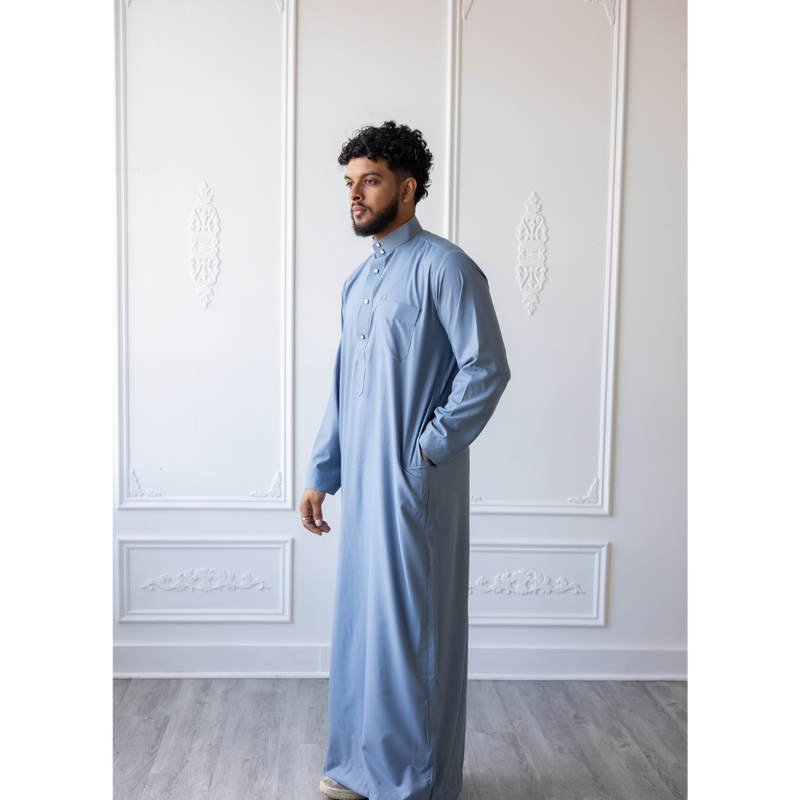 Saudi Collared Thobe Jubbah MC Cotton Blend - Light Cerulean