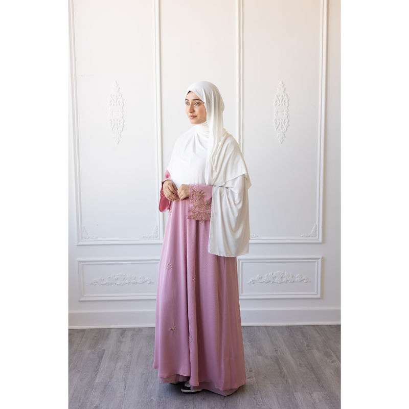 Glam Abaya Floral Embellished sleeve  - Pink Rose