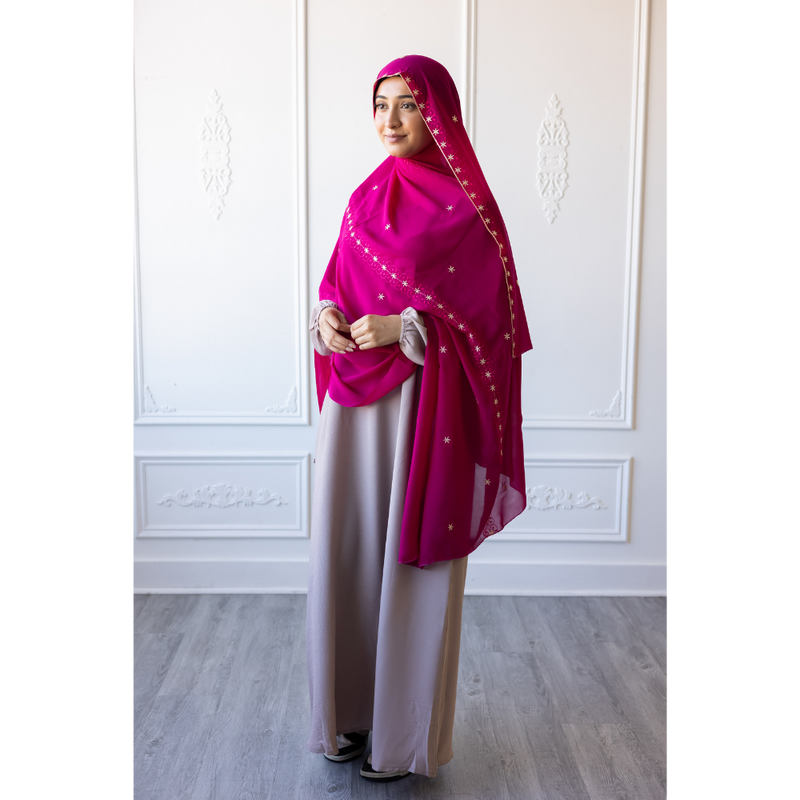 Floral Embroidered Chiffon Hijab Hand Work - Fuchsia