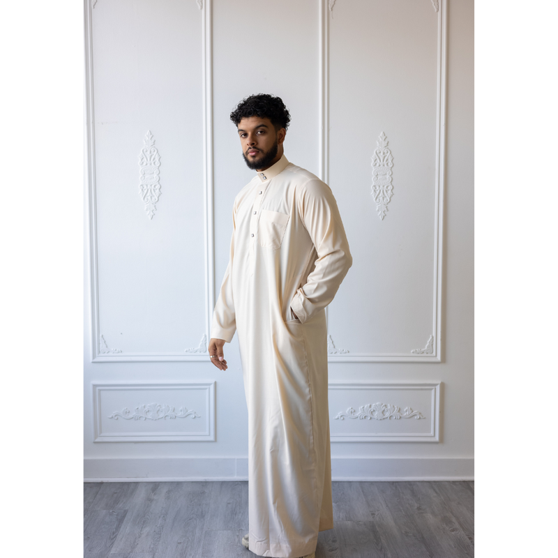 Saudi Collared Thobe Jubbah MC Cotton Blend - Chiffon White