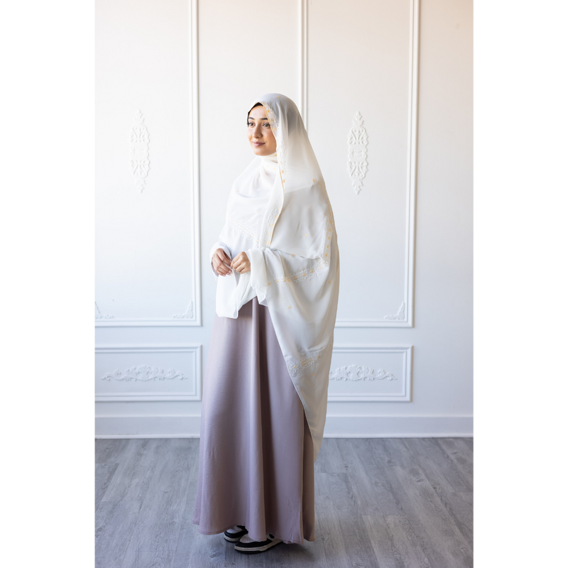 Floral Embroidered Chiffon Hijab Hand Work - Daisy White