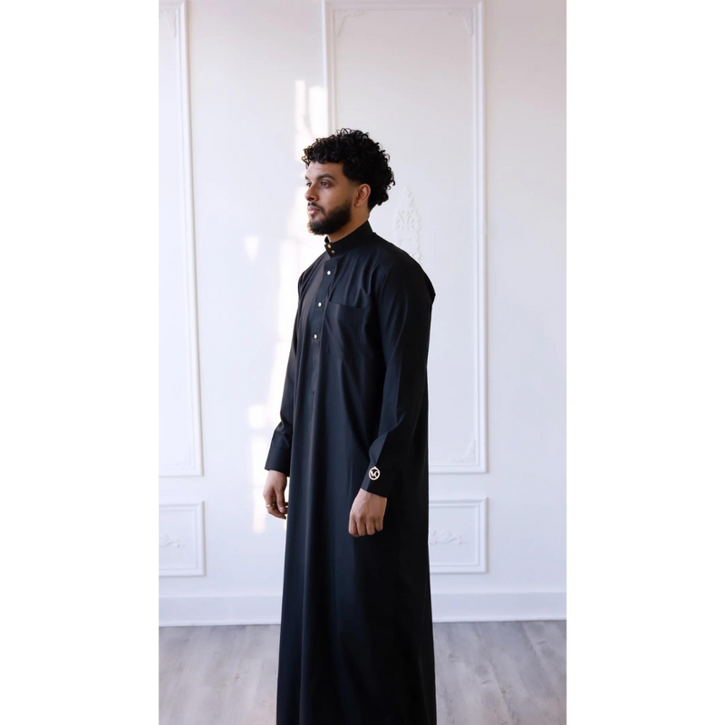 MC Collection - Saudi Collared Thobe with Round Buttons - Black