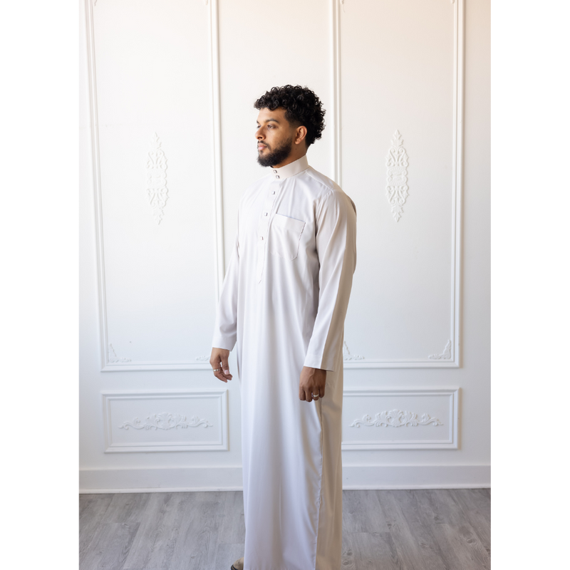 Saudi Collared Thobe Jubbah MC Cotton Blend - White Dove