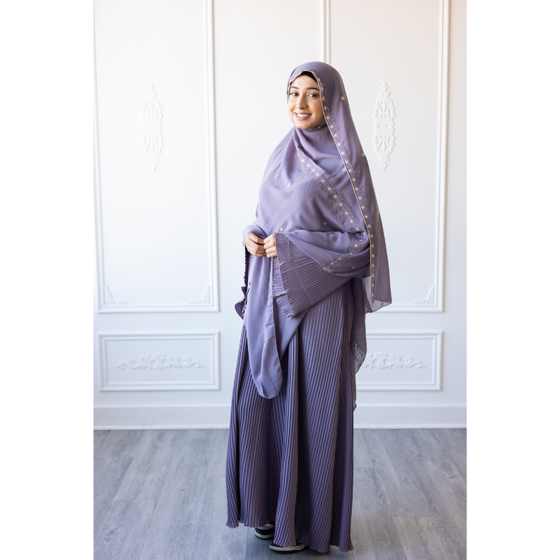 Floral Embroidered Chiffon Hijab Hand Work - Lavender