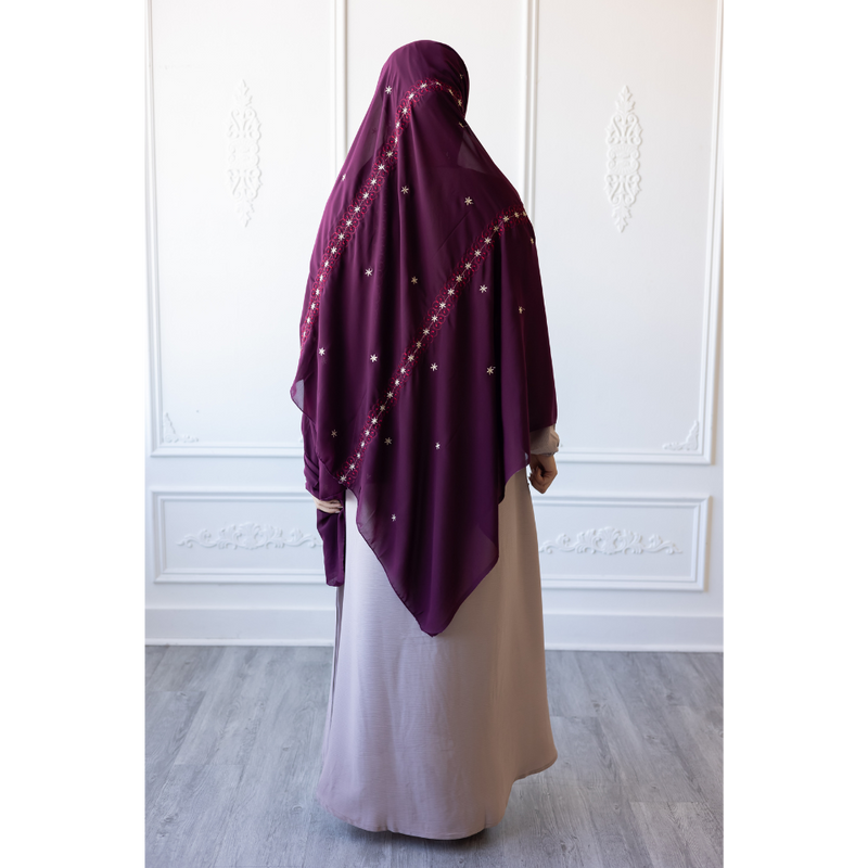 Floral Embroidered Chiffon Hijab Hand Work - Tyrian Purple