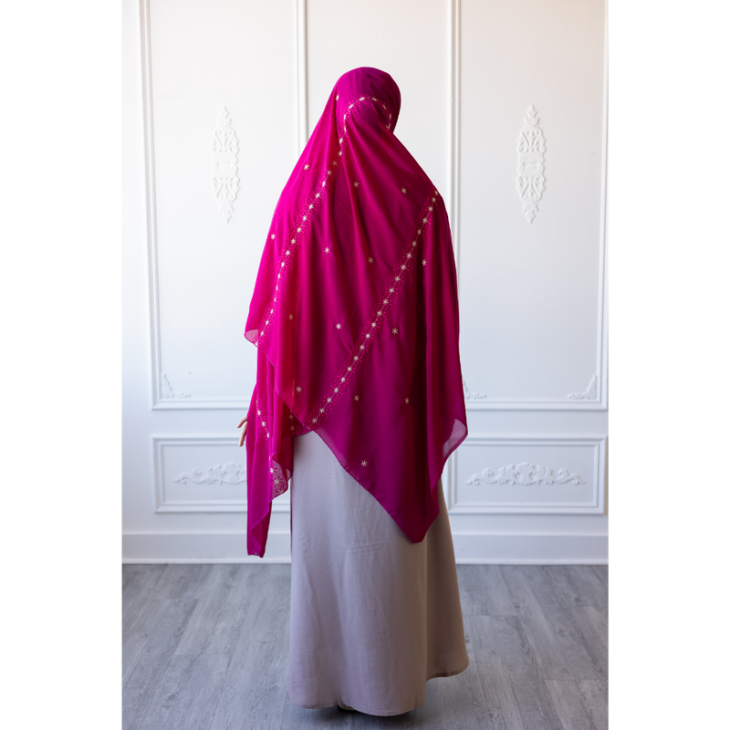 Floral Embroidered Chiffon Hijab Hand Work - Fuchsia