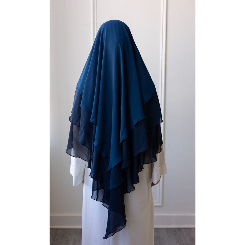 Chiffon Three Layered Princess Khimar - Ombré Midnight Blue