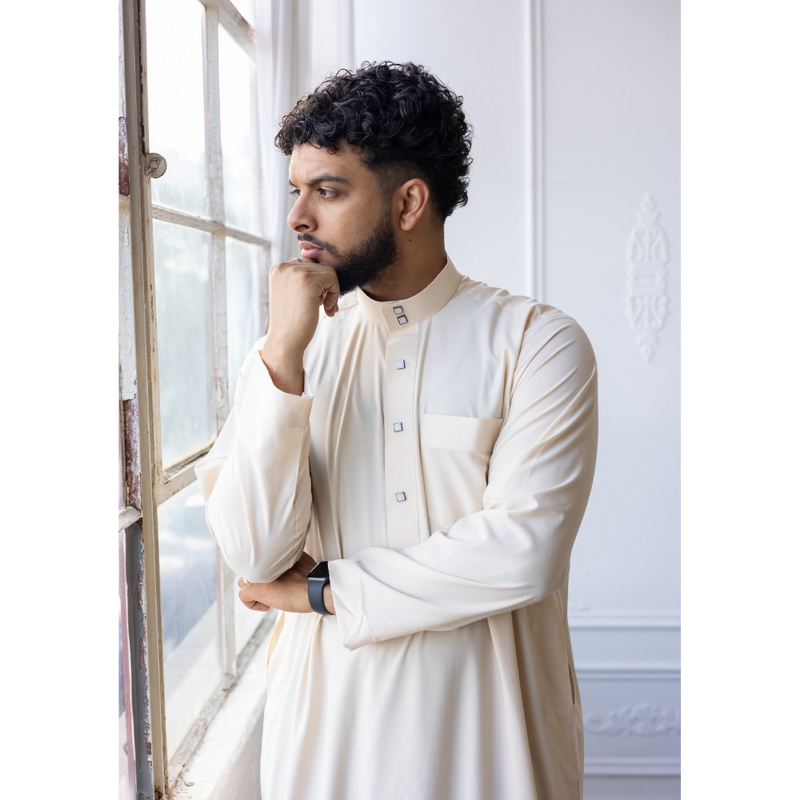 Saudi Collared Thobe Jubbah MC Cotton Blend - Chiffon White