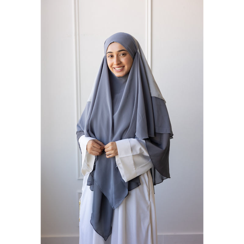 Chiffon Three Layered Princess Khimar - Ombré Grey