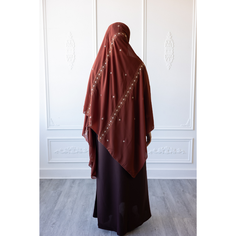 Floral Embroidered Chiffon Hijab Hand Work - Pecan