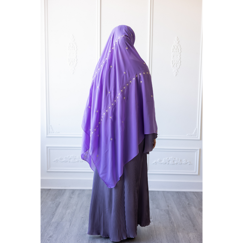 Floral Embroidered Chiffon Hijab Hand Work - Orchid purple