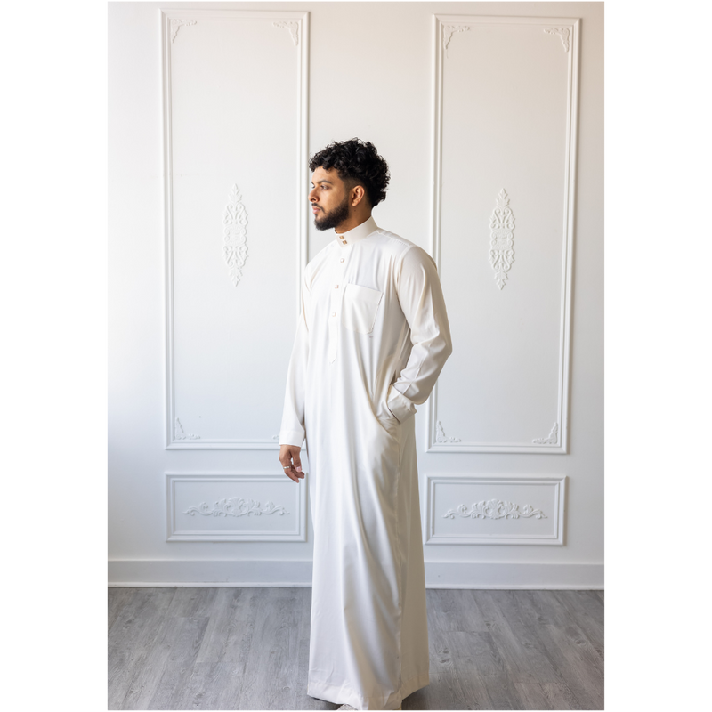 Saudi Collared Thobe Jubbah MC Cotton Blend  - Cotton White