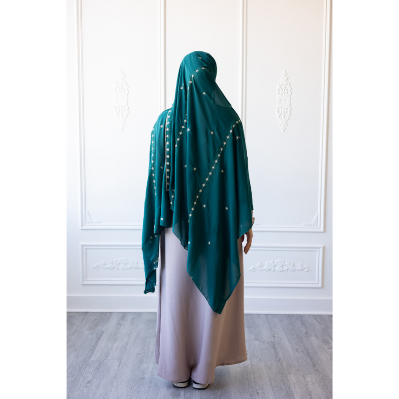 Floral Embroidered Chiffon Hijab Hand Work - Arabian Green