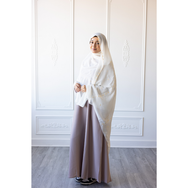 Floral Embroidered Chiffon Hijab Hand Work - Daisy White