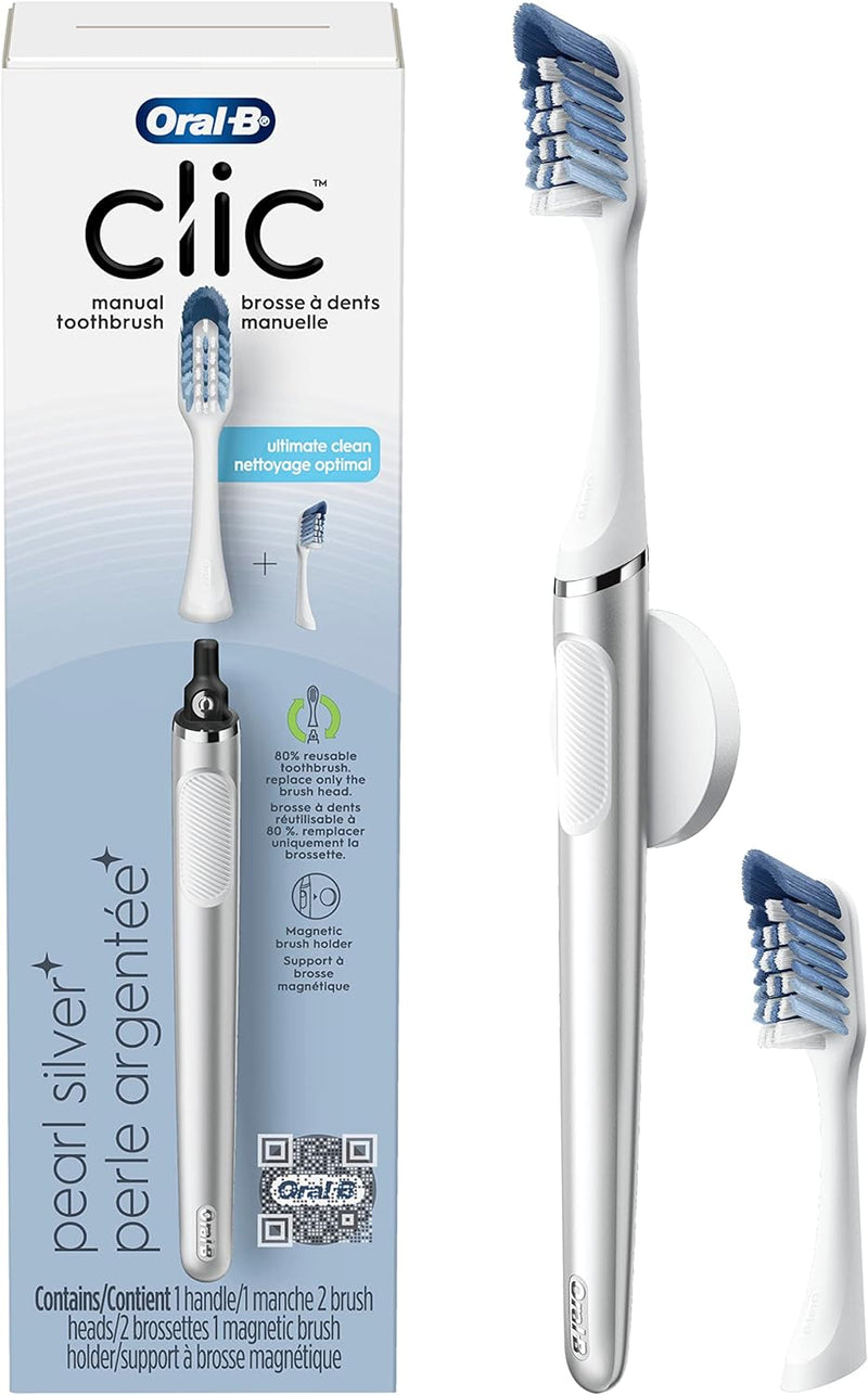 Oral-B Clic Toothbrush, Chrome White, with 1 Bonus Replacement Brush Head and Toothbrush Holder - MC Gift