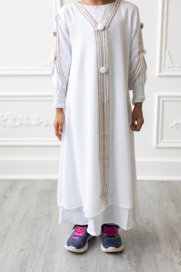 Kids Chiffon Layered Glam Abaya - Crystal White (K3 - K4)