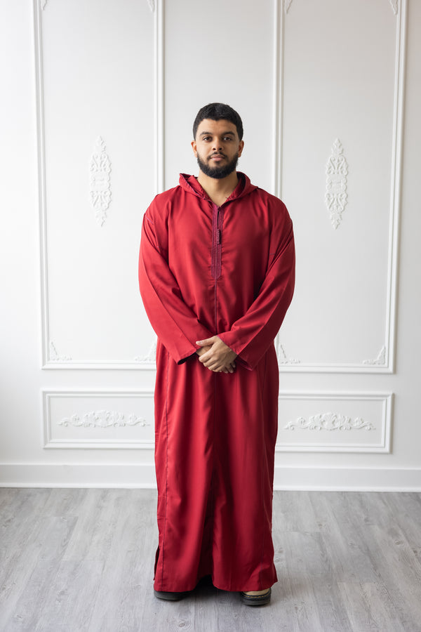 Moroccan Hoodie Thobe - Ruby Red