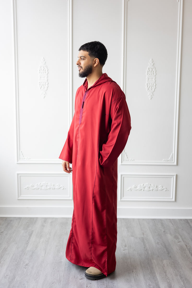 Moroccan Hoodie Thobe - Ruby Red