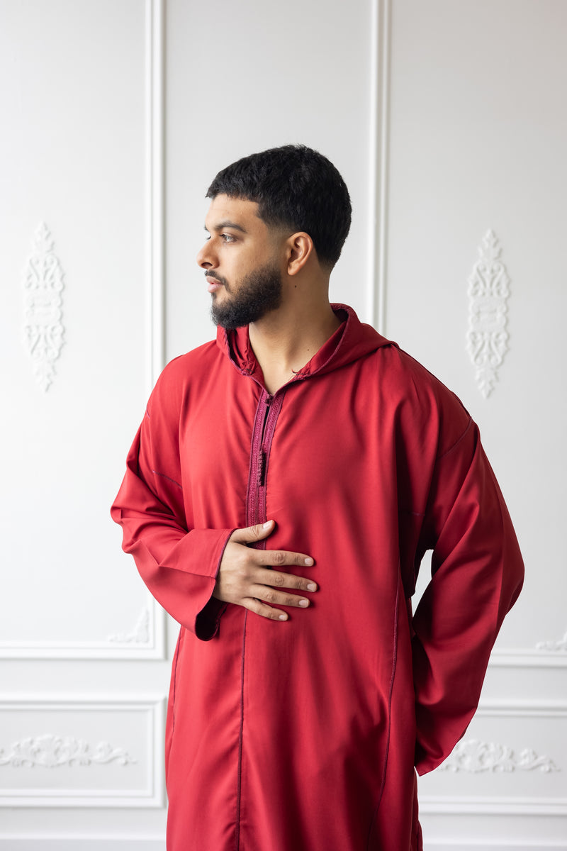 Moroccan Hoodie Thobe - Ruby Red