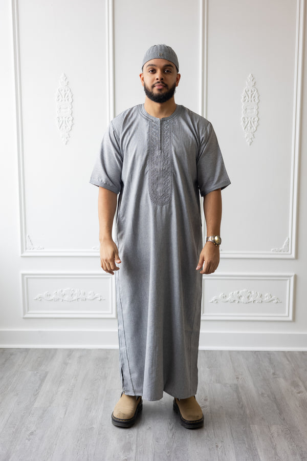 Moroccan Short Sleeve Thobe (Gray With Gray Embroidery)